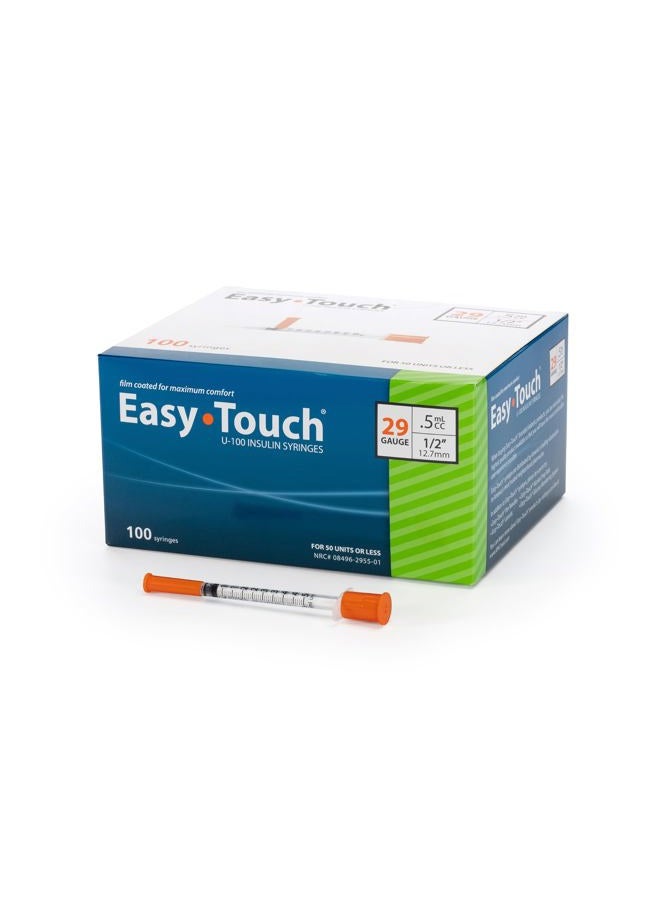 Easy Touch 29 Gauge U-100 Insulin Syringes (29G 0.5cc 1/2”) with 1/2” Long Needle, 0.5cc (50 Unit Capacity), Bold Markings for Accurate Dosing, Disposable, Box of 100 - Image 1